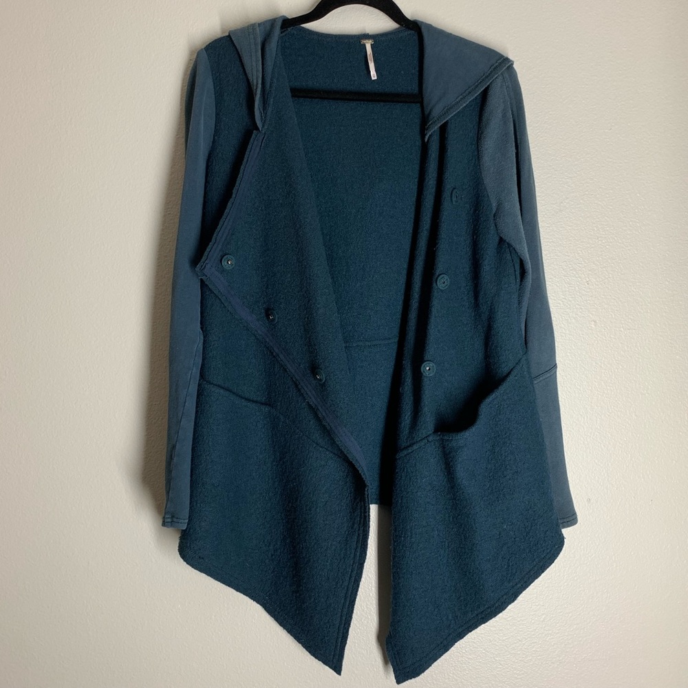 Free People teal blue wool blend hooded cardigan